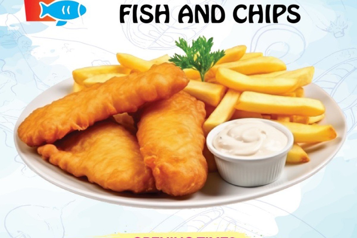 Fresh battered fish served with chips and sauce